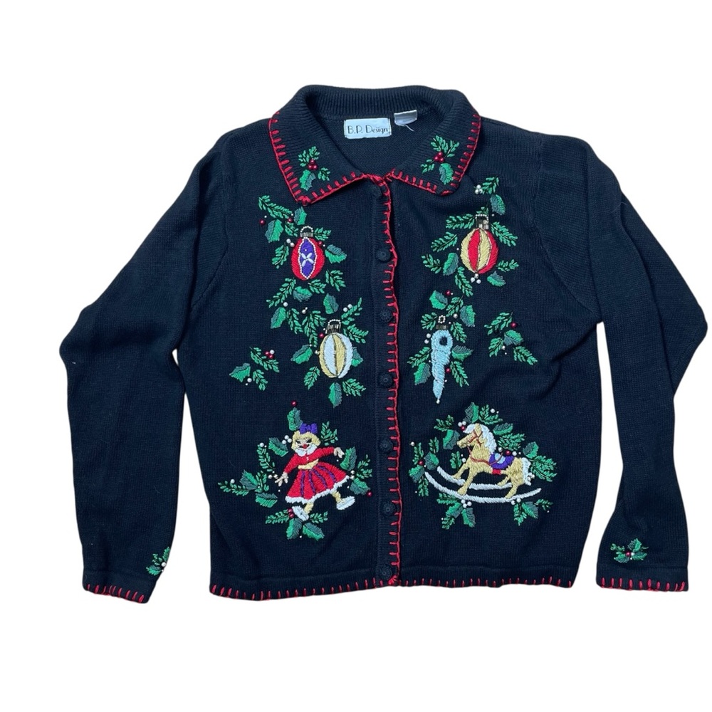 Vtg Christmas Cardigan Med Black Knit Holiday Grannycore Sweater
